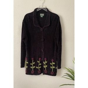 Vintage Papy Boez Black Knitted Sweater Cardigan Textured Flowers Small/Med